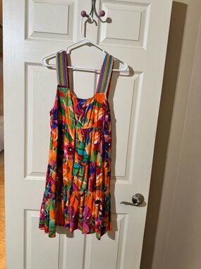 Womens Tropical Orange Floral Sundress with Multicolor Straps